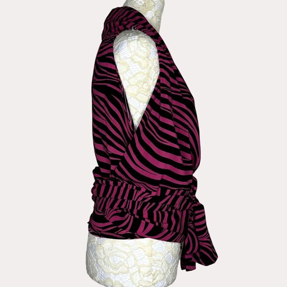 PA Pyong An Blouse Top Animal Print Tie Waist Pink Black 44 US L am - Picture 2 of 7